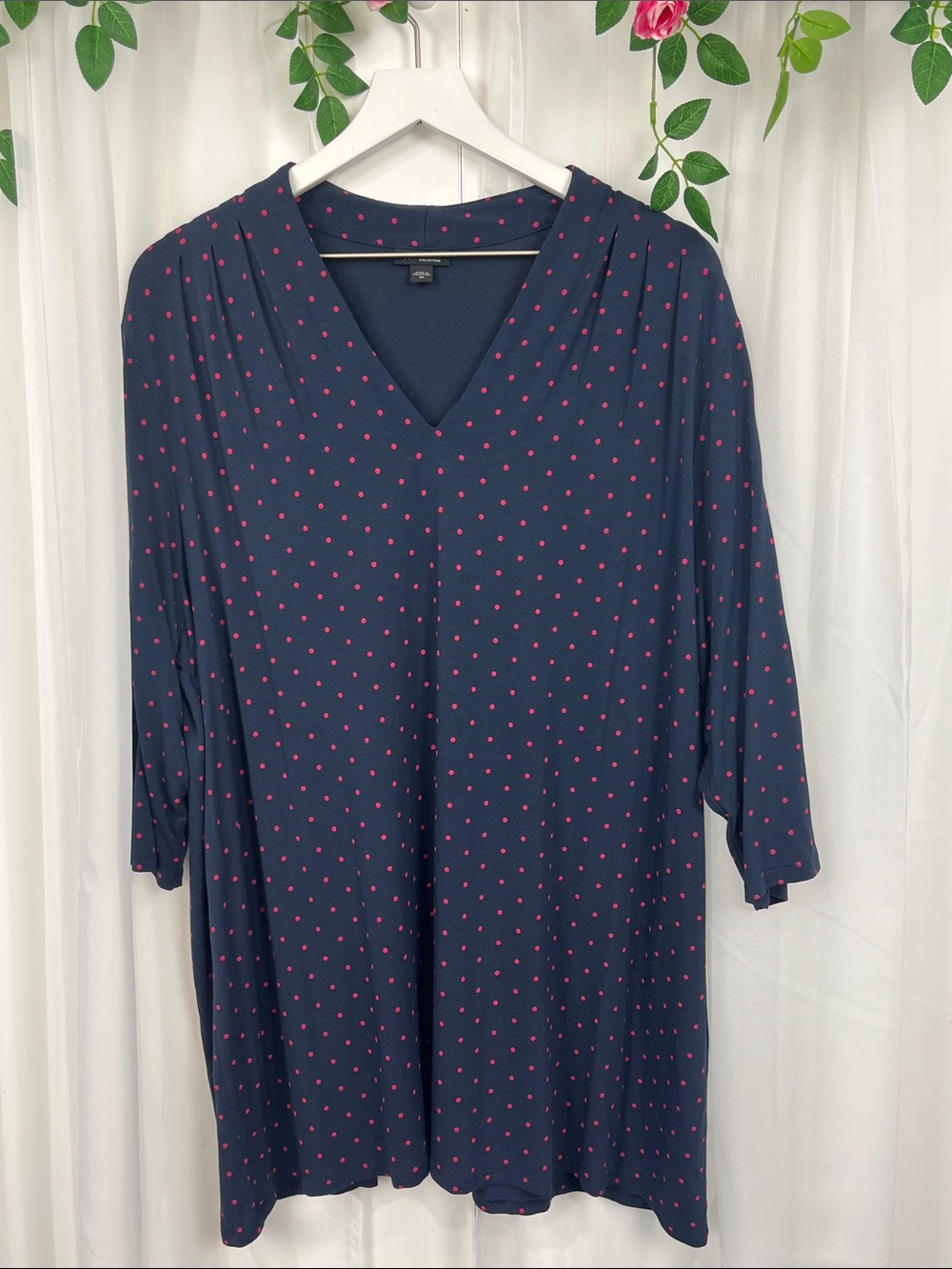 J. Jill Wearever Pullover Top 2X Navy & Pink Polka Dots 3/4 Sleeves Soft EUC